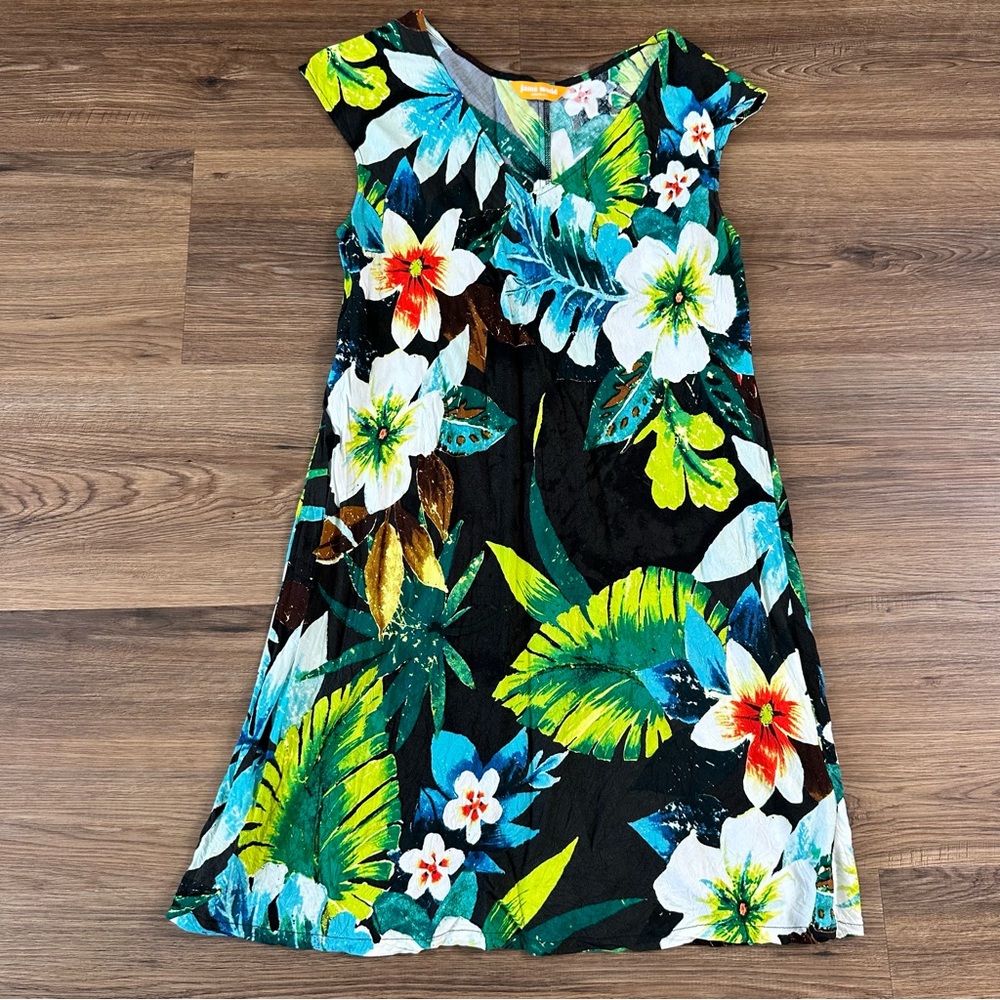Jams World Sherry Dress Waiola Black Floral Hawaiian Medium USA Resort Tropical